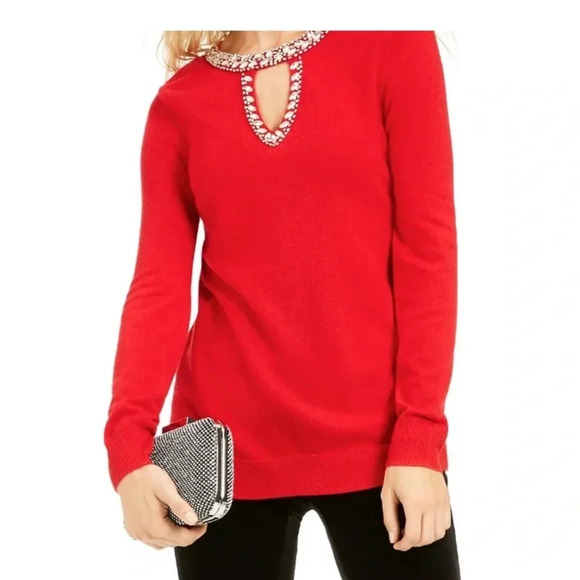 INC International Concepts Women's Embellished Keyhole Sweater Red SZ Small NWT - Picture 1 of 6